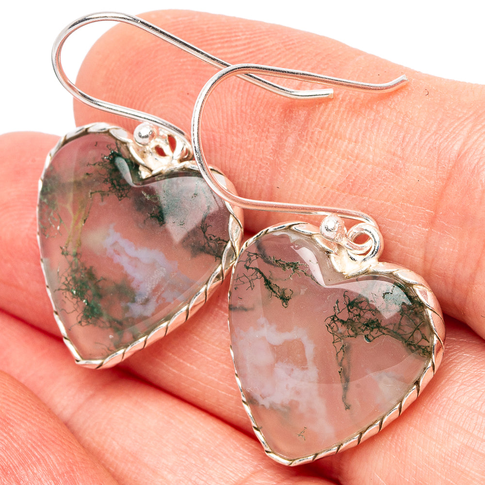 Heart agate earrings in .925 sterling silver, green moss on pink stone