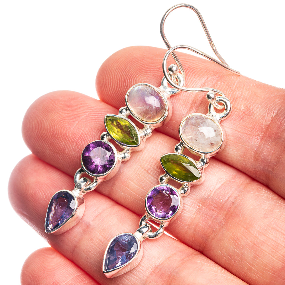 Rainbow Moonstone, Amethyst, Peridot 925 Sterling Silver Earrings 2"