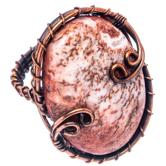 Oval jasper cabochon wire-wrapped ring, oxidized copper coils and looped bezel
