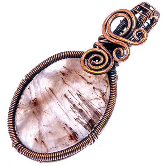 Oxidized copper wire-wrap pendant with light rutilated quartz teardrop cabochon