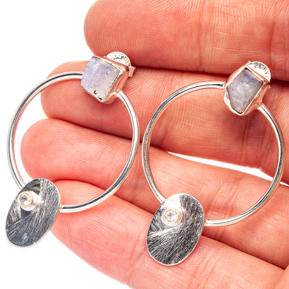 925 sterling silver hoop earrings with square iridescent moonstone and textured dangle charms