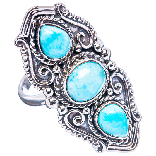 Sterling silver statement ring with three oval larimar-blue cabochons and bead filigree bezel