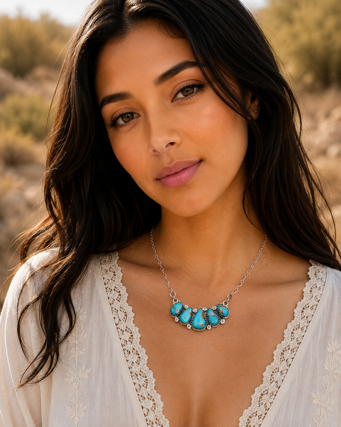 Southwestern Style Golden Hills Turquoise Necklace 9 to 19" (.925 Sterling Silver)