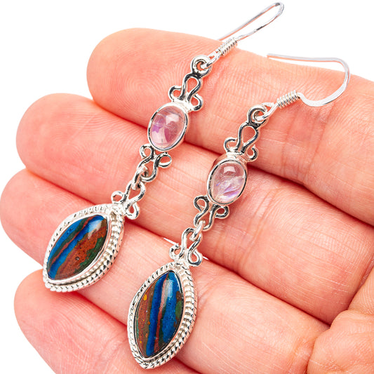 Sterling silver drop earrings with oval iridescent blue multicolor stones and pink