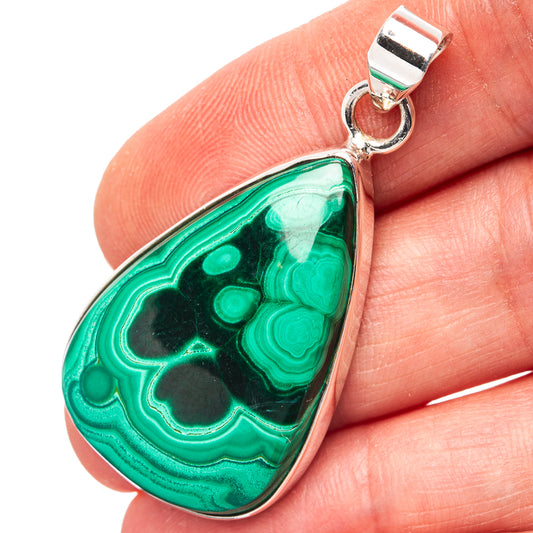 Malachite teardrop pendant with .925 sterling silver loop bail, swirled green stone