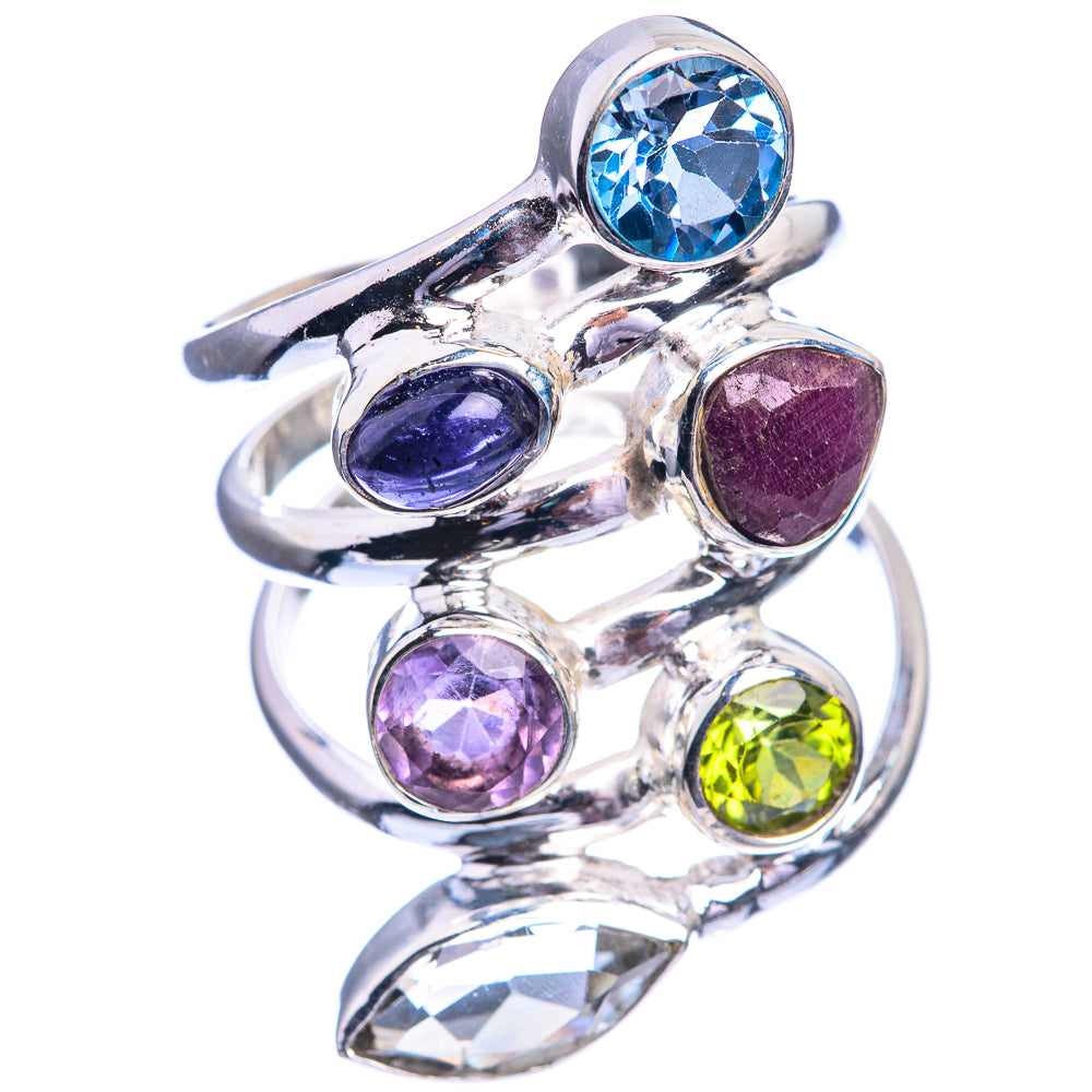 Sterling silver gemstone ring, side view with blue round, purple teardrop, green oval