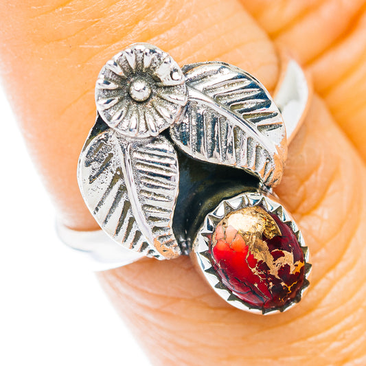 Southwestern Style Red Dahlia Turquoise Ring Size 7 (.925 Sterling Silver)