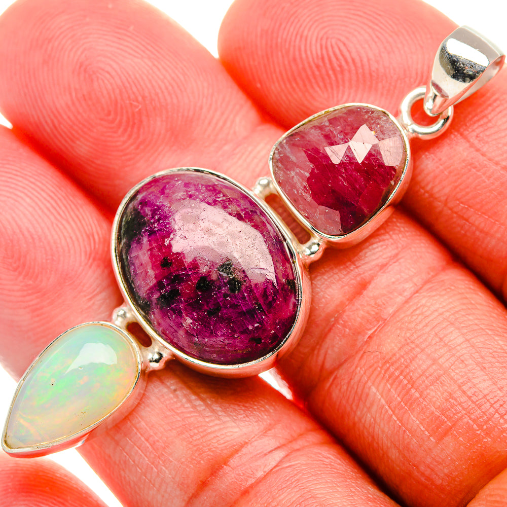 Ruby Zoisite, Pink Agate, Ethiopian Opal Pendant 2 1/4" (925 Sterling Silver) PD37987