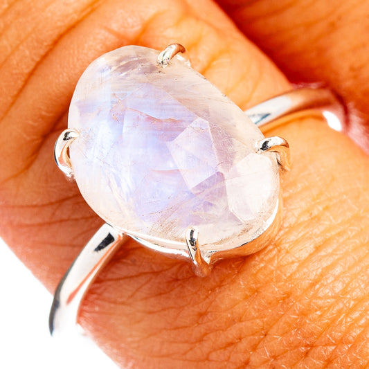 Sterling silver moonstone ring with large oval faceted iridescent stone, prong set