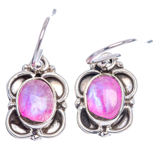 Oval pink moonstone drop earrings with .925 sterling silver and faceted bezel