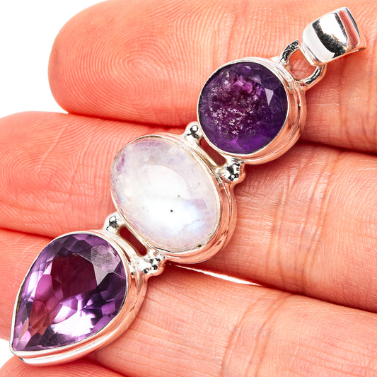 Sterling silver pendant featuring faceted teardrop amethyst and oval moonstone stones, bail loop