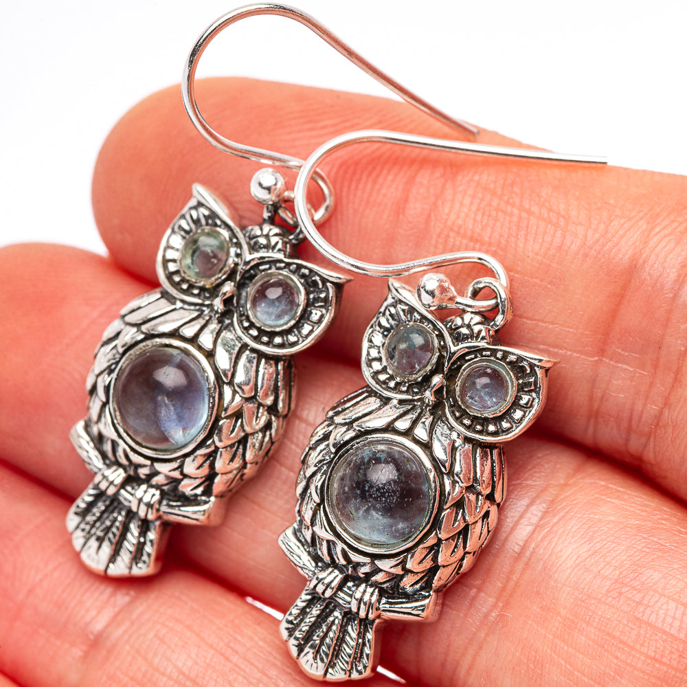Sterling silver owl dangle earrings with blue/purple stones and fishhook backs