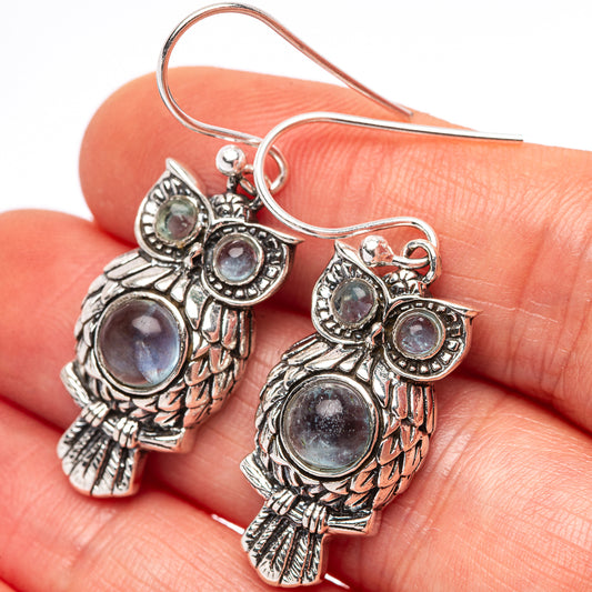 Sterling silver owl dangle earrings with blue/purple stones and fishhook backs