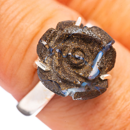 Sterling silver opal rose ring with dark boulder setting and blue stone highlights
