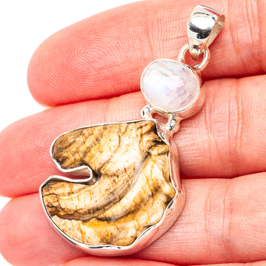 Sterling silver horse pendant close-up: brown jasper pattern with rainbow moonstone top