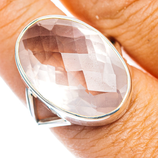 Faceted oval rose quartz ring in .925 sterling silver, close-up top view
