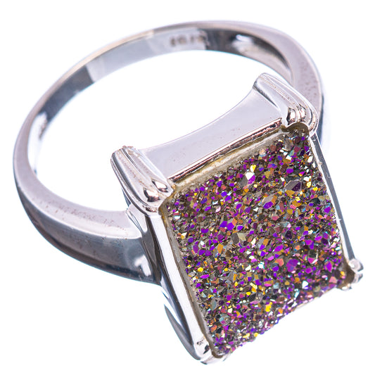 Silver druzy ring featuring purple glittery square setting and open band
