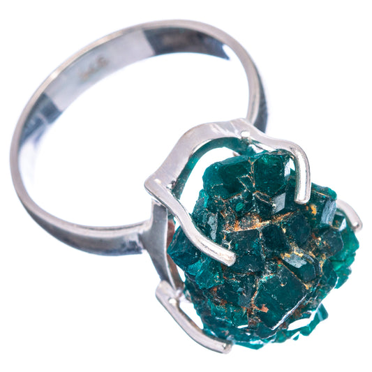 925 sterling silver dioptase ring with arched claws holding rough green crystal