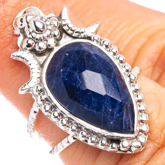 Teardrop sodalite ring, .925 sterling silver prong setting and beaded edge