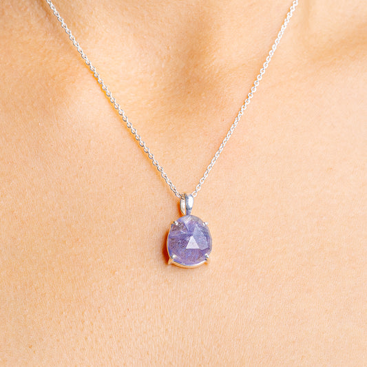 Tanzanite pendant necklace with oval purple gemstone on silver chain, 16–18 in