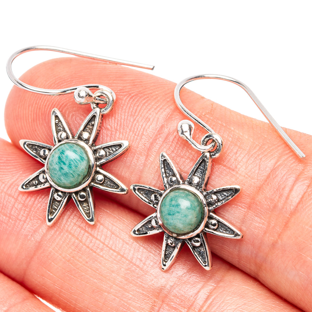 Sterling silver flower earrings with turquoise amazonite cabochon and star petal settings