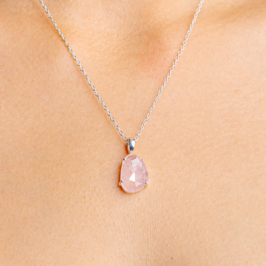 Sterling silver necklace with pear-shaped pink morganite pendant on chain
