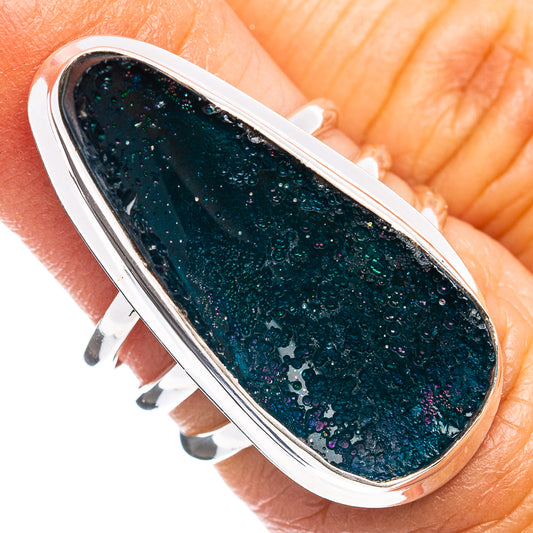 Size 6 oval sterling silver Roman glass ring with dark blue-green iridescent stone