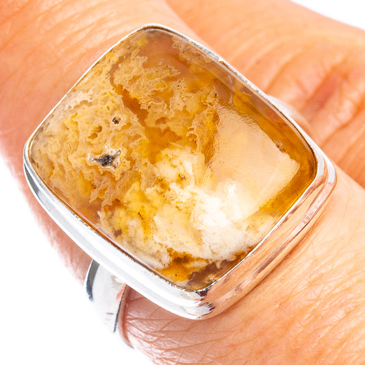 Size 8 sterling silver agate ring with rectangular amber cushion stone bezel