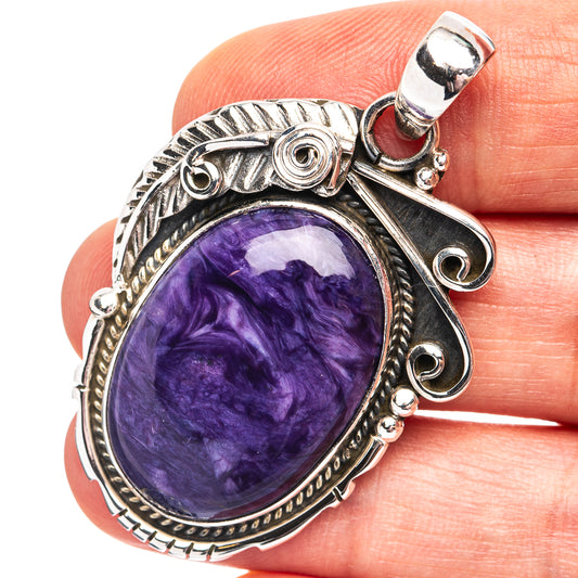 925 sterling silver charoite pendant with oval purple stone, ornate bezel