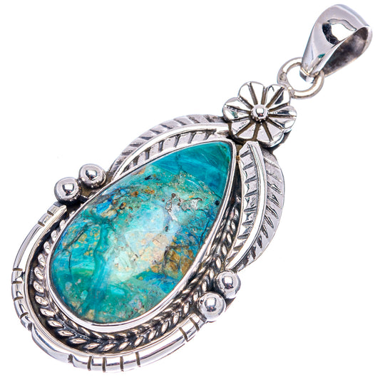 Teardrop turquoise opal pendant with openwork border and flower charm, .925 sterling silver