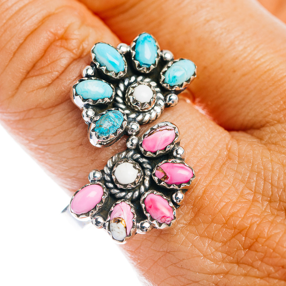 Exclusive Southwestern Style Cotton Candy Turquoise, White Buffalo Turquoise Ring Size 10 Adjustable (.925 Sterling Silver)