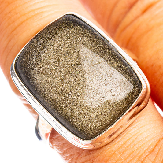 Sterling silver ring with rectangular dark obsidian-like gemstone and polished band