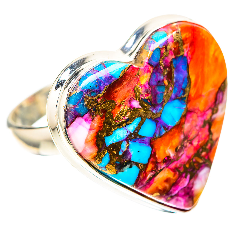 Heart-shaped inlay ring in sterling silver with swirling orange, blue, and pink colors