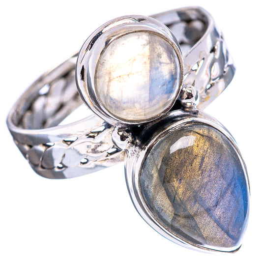 Sterling silver double-stone ring with oval blue and rainbow iridescent stones