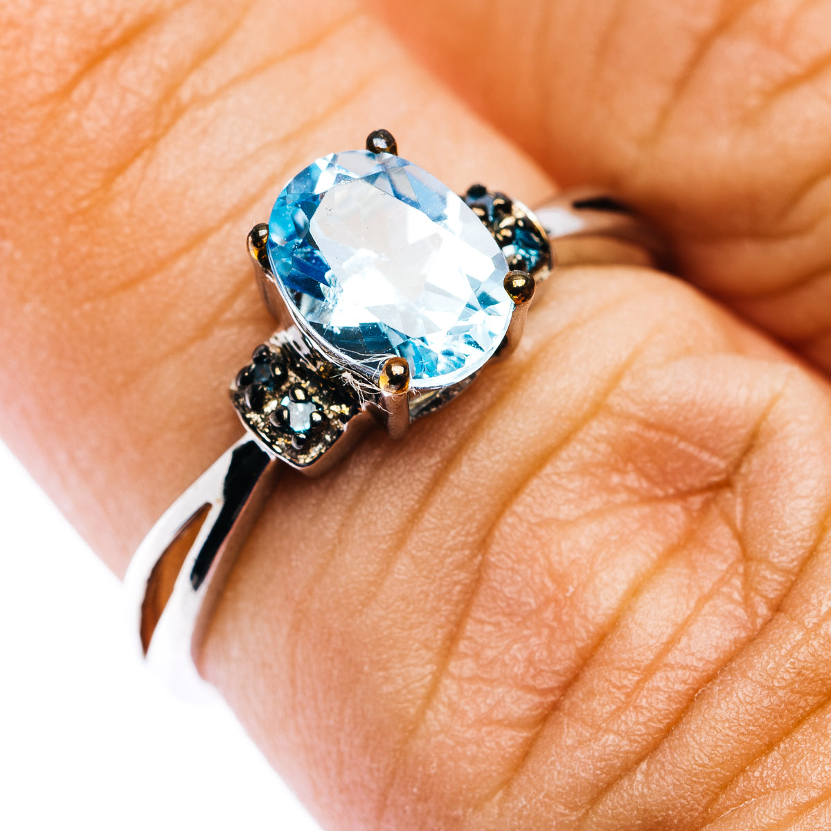 Blue Topaz, Blue Diamond Ring Size 6.75 (.925 Sterling Silver)