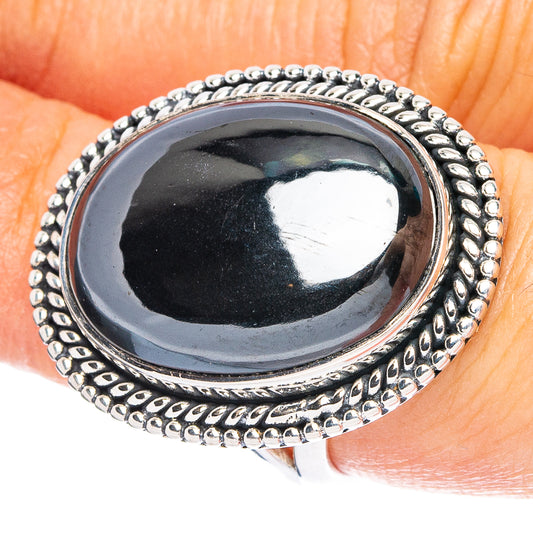 Large hematite oval cabochon 925 sterling silver ring with beaded border