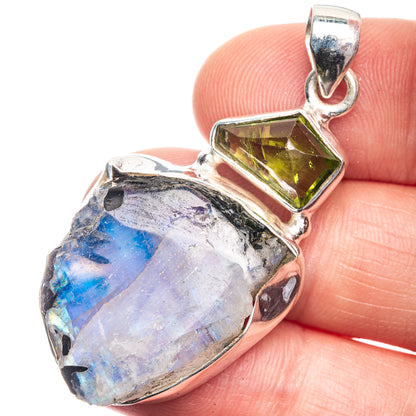 Raw Rainbow Moonstone, Peridot Pendant 1 3/4" (925 Sterling Silver) P39208