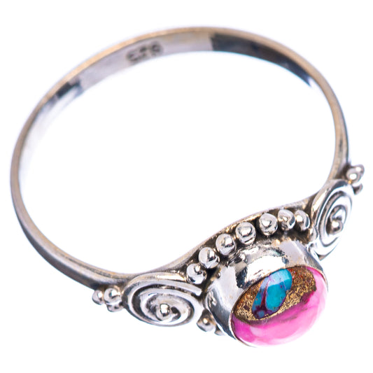 925 sterling silver ring with round pink stone and turquoise-blue inlay, side scrollwork