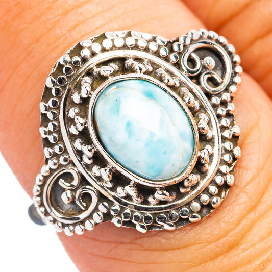 Larimar gemstone ring in .925 sterling silver, oval blue stone with ornate bezel
