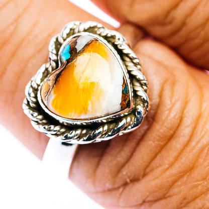 Southwestern Style Spiny Oyster Turquoise Heart Ring Size 8 Adjustable (.925 Sterling Silver)