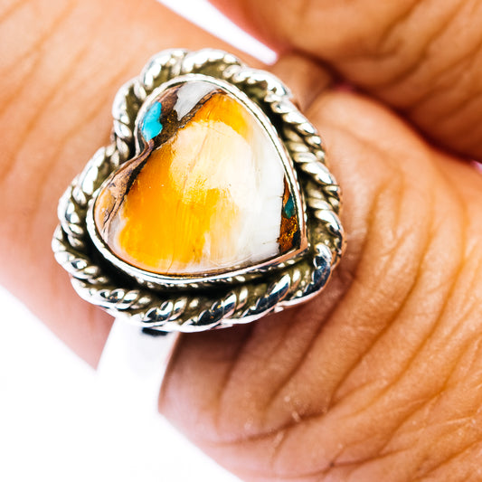 Southwestern Style Spiny Oyster Turquoise Heart Ring Size 8 Adjustable (.925 Sterling Silver)