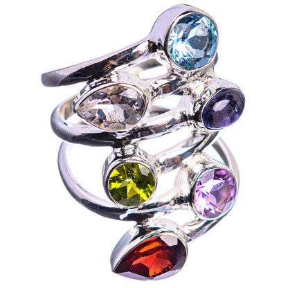 Sterling silver gemstone ring with round blue, purple, green, red stones and clear accents