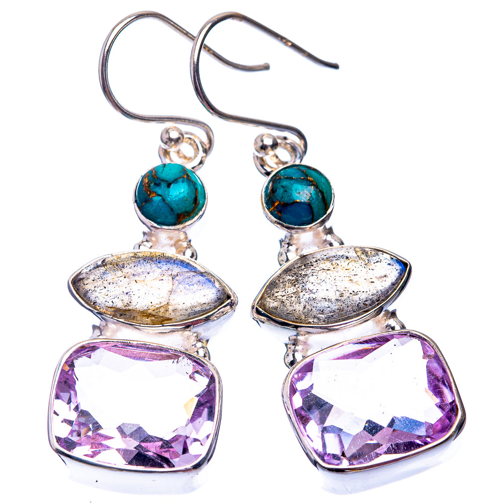 Turquoise and amethyst gemstone drop earrings with silver-tone bezels