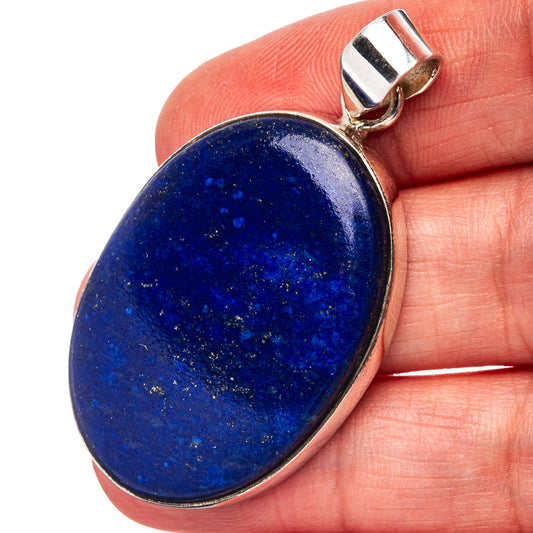 Oval lapis lazuli pendant in .925 sterling silver bezel with bail, dark blue