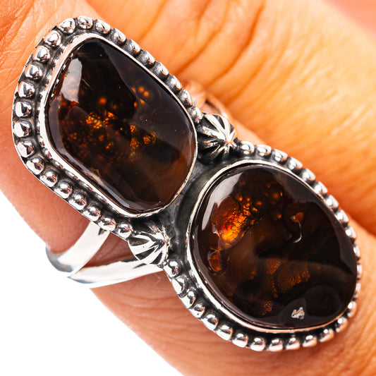 Sterling silver double oval fire agate ring with beaded bezel and leaf accents