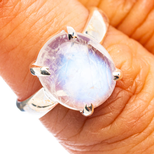 925 sterling silver ring with round opalescent rainbow moonstone, four-prong setting