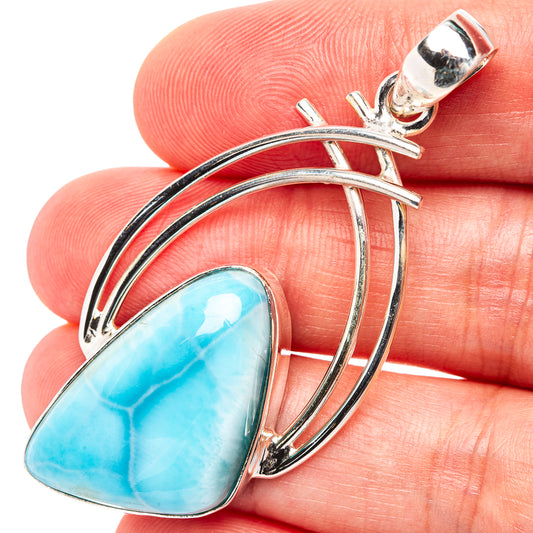 Sterling silver larimar teardrop pendant, open-arc wire design with top bail