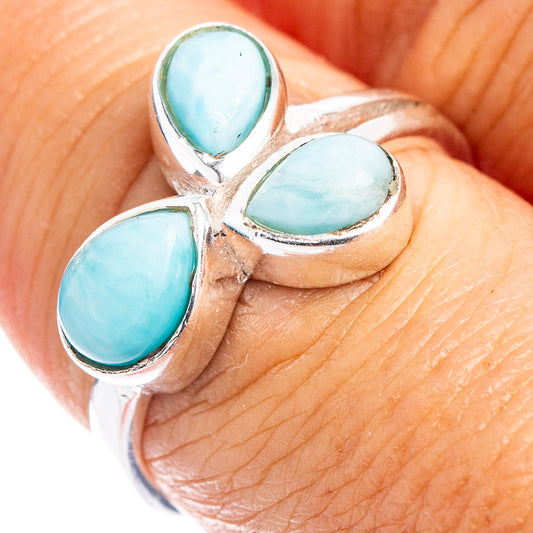 Sterling silver larimar dainty ring with three oval blue stones, size 7.75