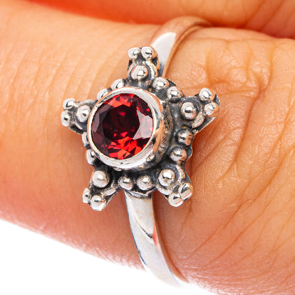 Garnet dainty ring in 925 sterling silver, round red gemstone with ornate halo