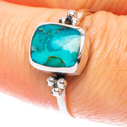 925 sterling silver turquoise cabochon ring with square cushion stone bezel on finger
